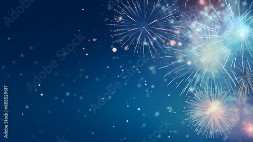 Fireworks colorful explosions on blue, festive background with copy space,PPT background