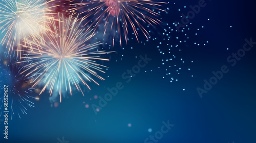 Fireworks colorful explosions on blue, festive background with copy space,PPT background