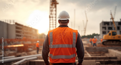 Construction worker in orange safety jacket and wearing hard hat at construction site, checking progress work at the construction site photo