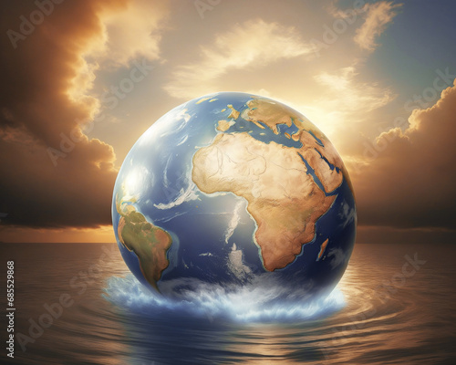 Colorful Earth globe floats above water  encircled by vibrant clouds  evoking the beauty of a sunset or sunrise