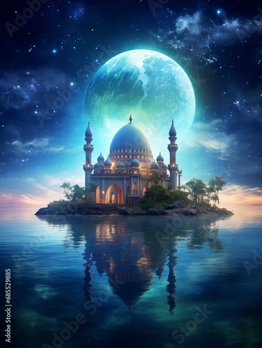 Magical mosque and surreal art image with a magnificent summer sky as a background, generative ai