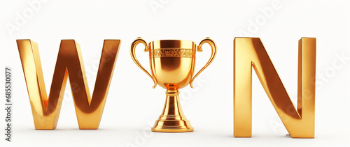 3D rendered gold word text win with a champion's trophy cup, symbolizing victory and success in a golden gleaming display
