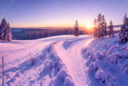 winter panorama landscape with forest, trees covered snow and sunrise. winterly morning of a new day. purple winter landscape with sunset,