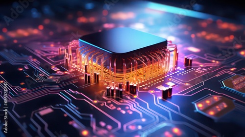 Cyber security concept. Padlock on circuit board background neon orange. 