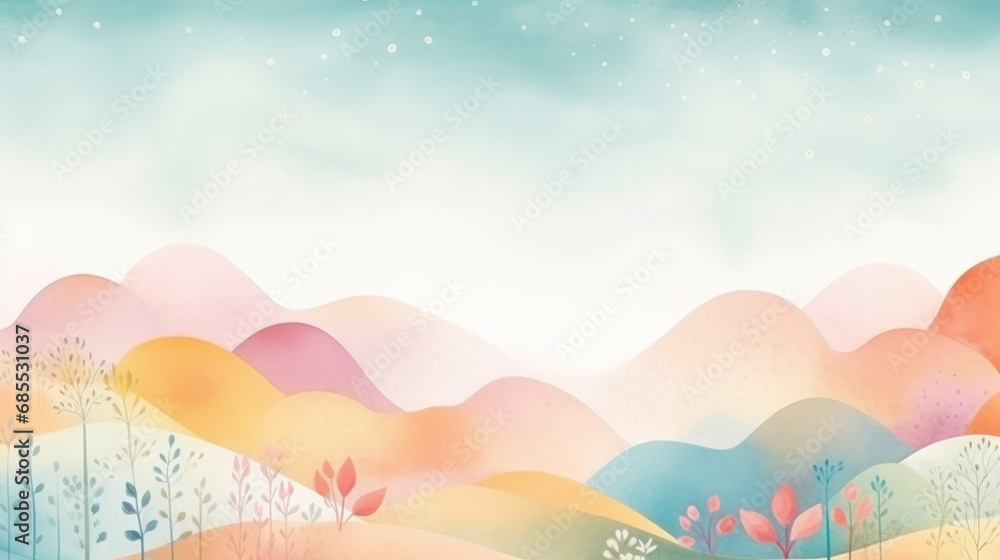 Abstract pastel watercolor landscape hills as nursery background - obrazy, fototapety, plakaty 