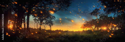 Mystical forest at dusk with glowing fireflies and a vibrant sunset