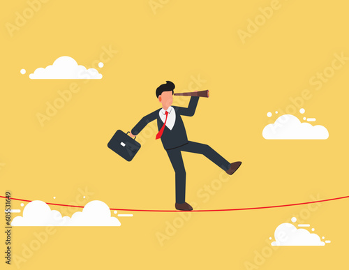 Look for opportunities to manage risk. businessman see through telescope while walking on risky rope.