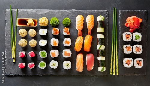 Various kinds of sushi served on black stone