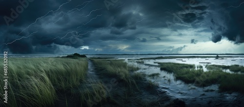 Stormy weather above salt marshes near North Sea.