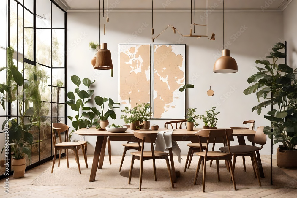 Stylish and botany interior of dining room with design craft wooden table, chairs, 