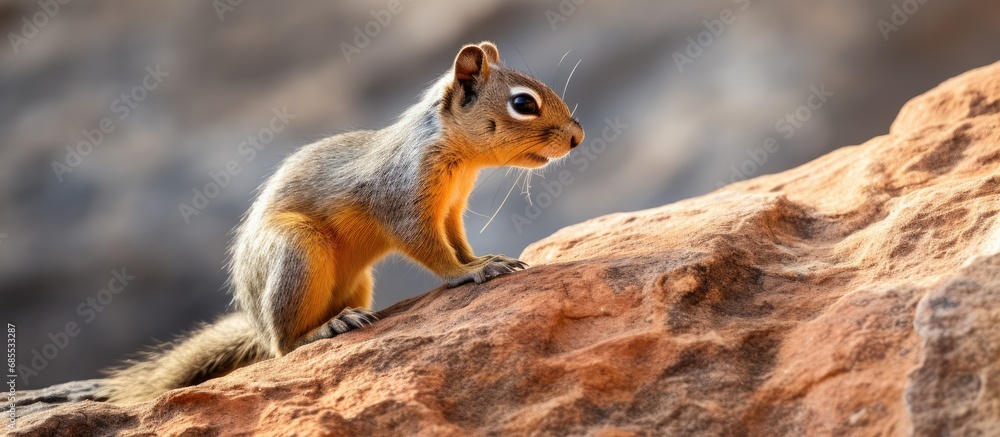 Obraz premium The squirrel perches on the rock and watches its surroundings.