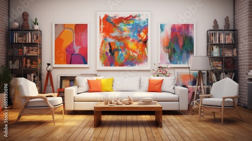 Artistic haven in this living room, creative clutter, vibrant artworks, and a blank frame patiently waiting for your masterpiece to complete the ensemble. © Nature Lover