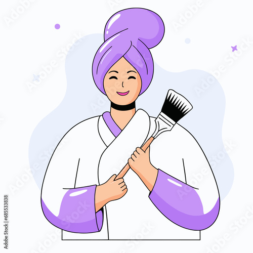 A woman with a towel on her head applies cosmetics with a brush in front of a mirror in the bathroom, flat vector illustration.