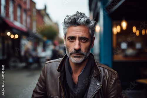 Handsome middle aged man with gray hair and beard, wearing a leather jacket, standing in an urban setting.