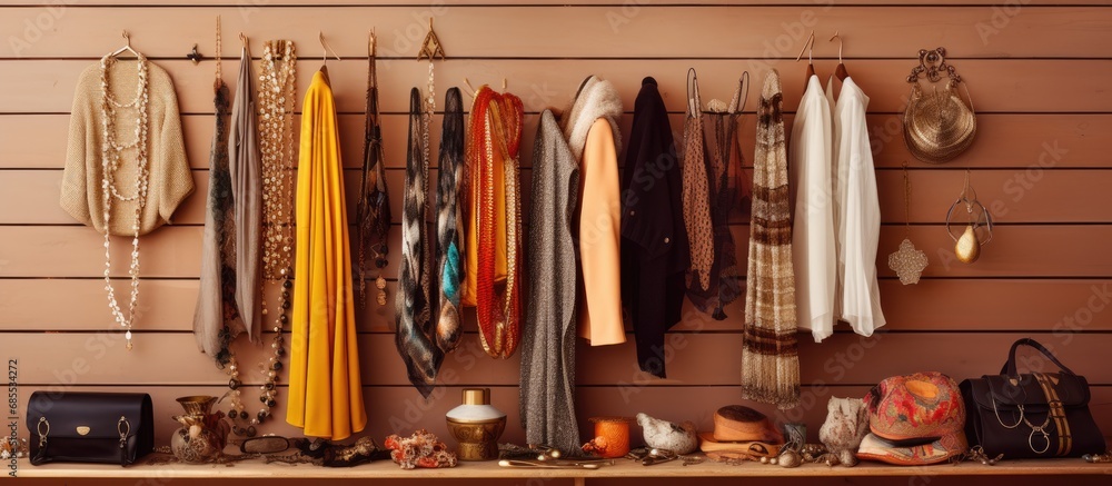 Women's attire - including jewels, scarves, sweaters, purses, shoes, on a vibrant wooden backdrop.