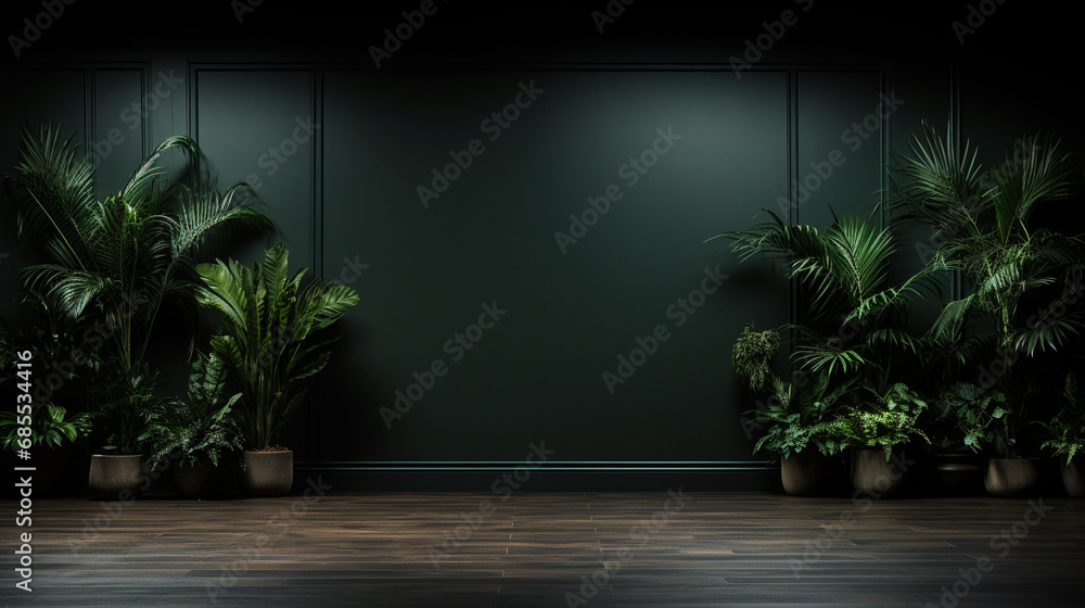 A dark wall and an empty room, with only plants on the floor. AI Generated. - obrazy, fototapety, plakaty 