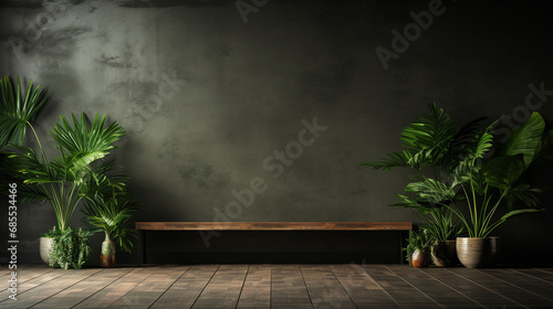 A dark wall and an empty room, with only plants on the floor. AI Generated. © 1st footage