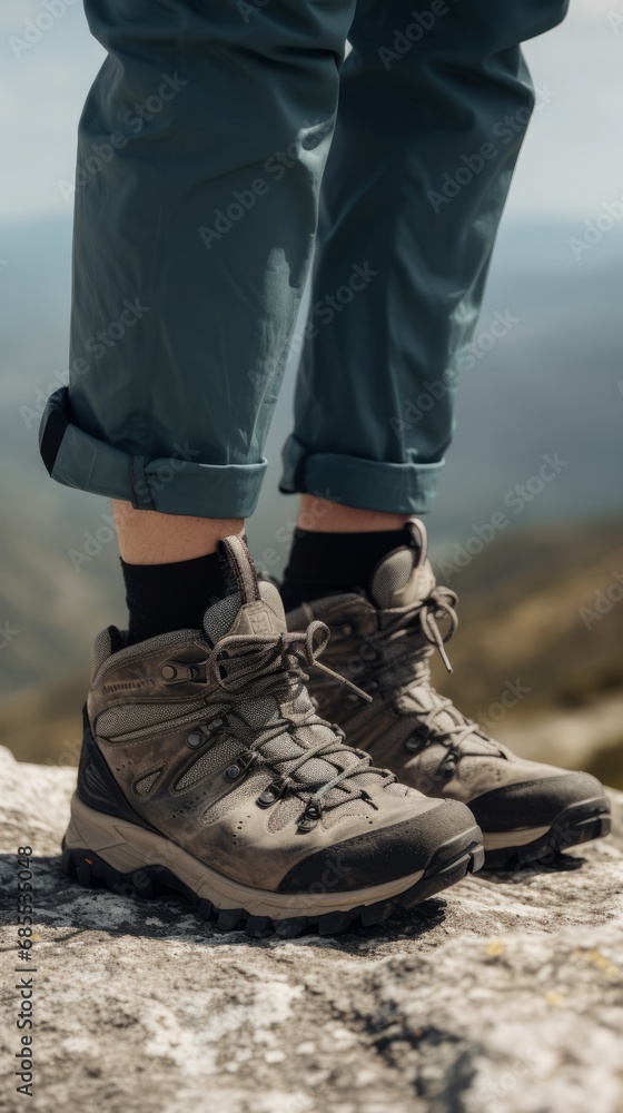 Close-up of hiking boots against a backdrop of mountains and nature. A person engages in hiking and outdoor activities, exploring scenic trails and embracing adventure.