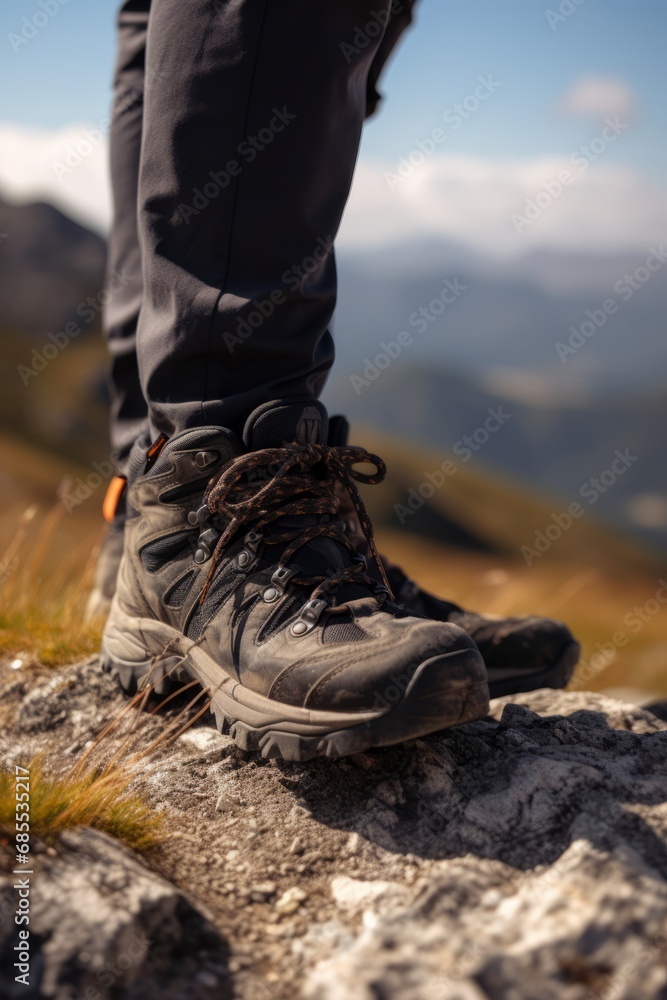 Close-up of hiking boots against a backdrop of mountains and nature. A person engages in hiking and outdoor activities, exploring scenic trails and embracing adventure. Close-up of hiking boots against a backdrop of mountains and nature. A person engages in hiking and outdoor activities, exploring scenic trails and embracing adventure.