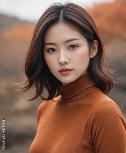 a asian woman with long hair wearing a brown turtle neck sweater 
