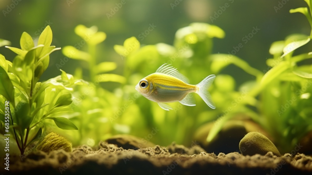 A Lemon Tetra in its natural habitat, surrounded by lush aquatic plants and dappled sunlight. A Lemon Tetra in its natural habitat, surrounded by lush aquatic plants and dappled sunlight.