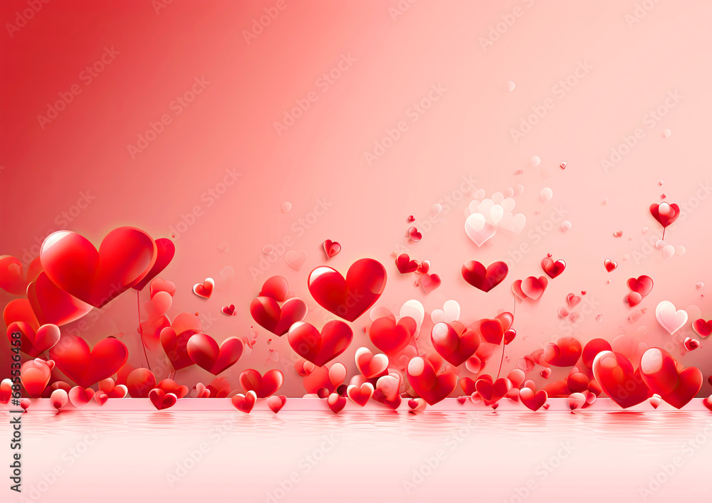 Abstract 3D background for Valentine's day with red hearts on a red background - copy space for text