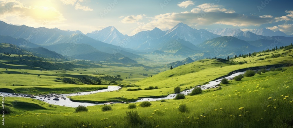 Scenic spring mountain valley with overflowing green pasture from surrounding mountains. Scenic spring mountain valley with overflowing green pasture from surrounding mountains.