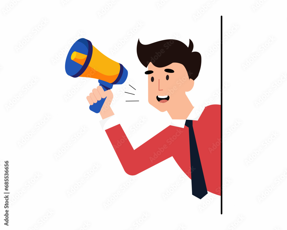 Male HR announcement into megaphone about hiring and recruitment for Vacant seats vector illustration. Male HR announcement into megaphone about hiring and recruitment for Vacant seats vector illustration.