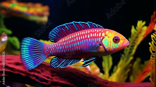 A male Fairy Wrasse in its full colorful display, showing off its vibrant shades and patterns.
