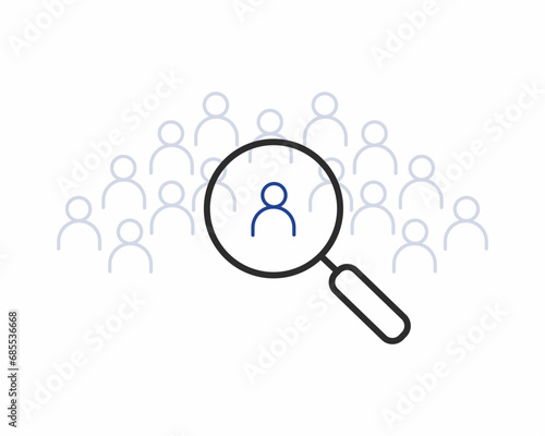 hiring and recruitment with magnifying glass on one person from crowd