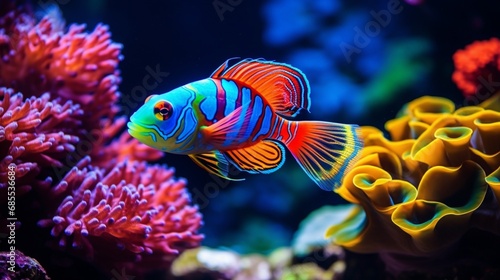A Mandarin Fish gracefully swimming amidst the vibrant coral  its vibrant colors shining in full ultra HD.