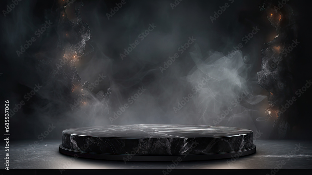 a black marble rounded podium with smokey background. product display podium for product presentation