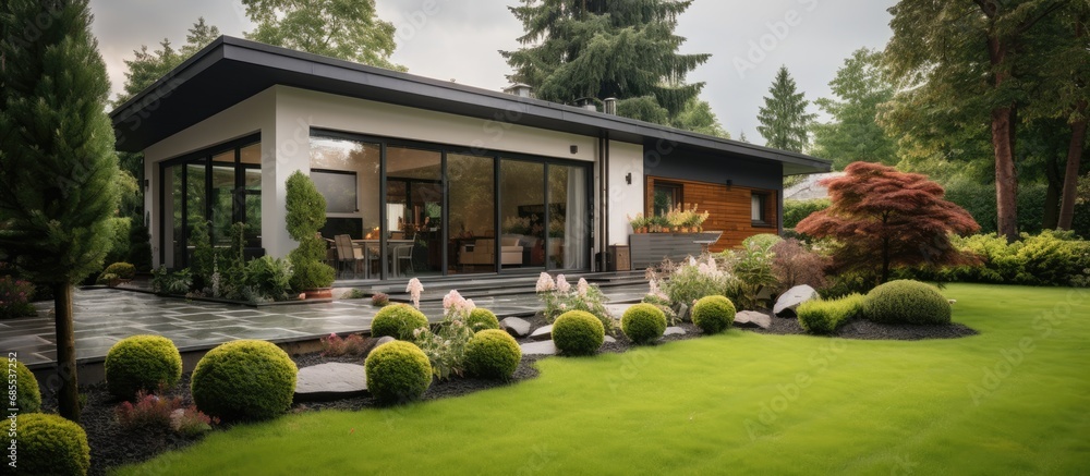 Stylish home with lovely garden on a cloudy day.