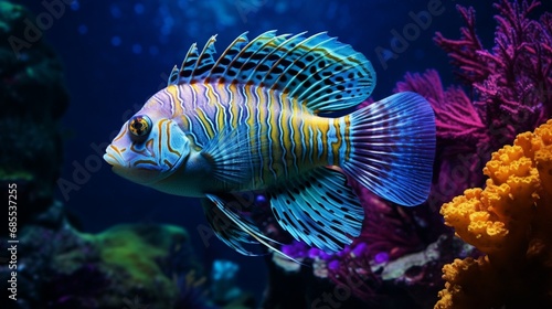 A mesmerizing scene of Peacock Cichlids in their vibrant underwater world, in crystal-clear