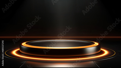 golden shiny circle on a black rounded podium. product display podium for product presentation