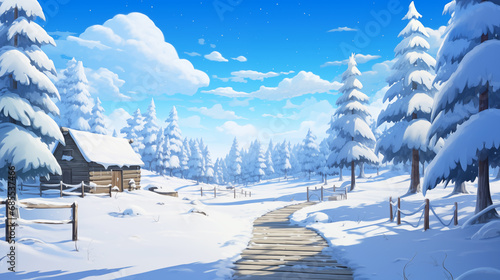 Winter village snowy landscape with pines forest and hills on background. Comic paint style.