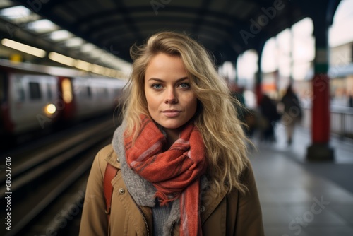 Portrait of a beautiful young woman on the platform of a railway station