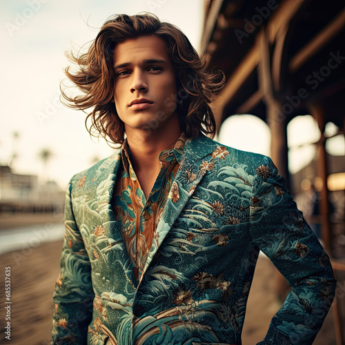 Male surf style fashion model photo shoot