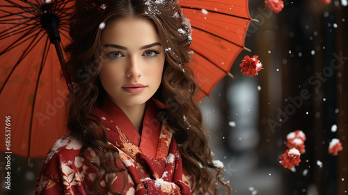 a girl in red Kimono with umbrella with white snow, Hokkaido, Japan. --ar 16:9 --style raw --stylize 750 --v 5.2 Job ID: cba6f510-f8ee-4e3f-a063-7fbfded48dc5