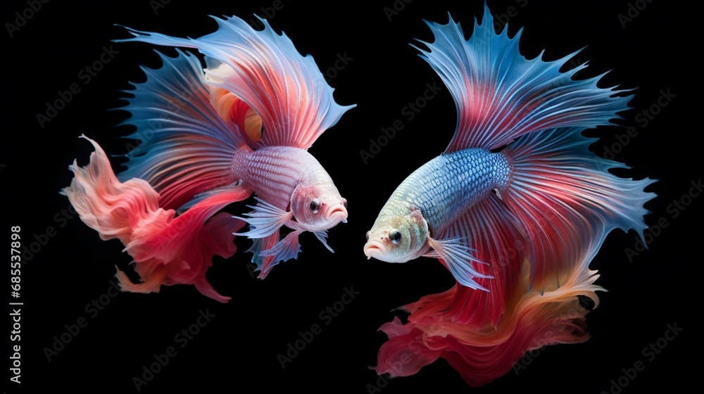 Fototapeta premium A pair of Betta fish locked in a colorful and mesmerizing