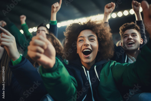 A group of teenagers are cheering for sports, looking excited © wai