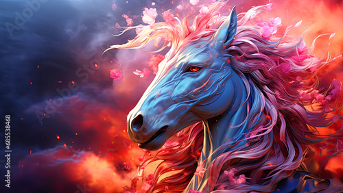 Abstract fantastic background with 3d unicorn shiny head on the dark sky background copy space for text