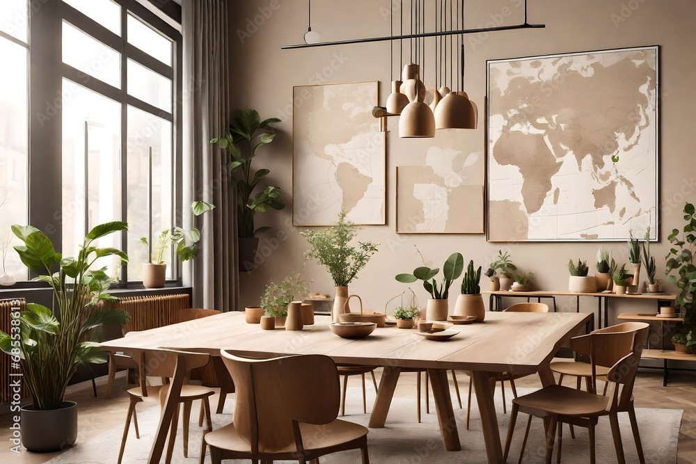 Stylish and botany interior of dining room with design craft wooden table, chairs,  - obrazy, fototapety, plakaty 