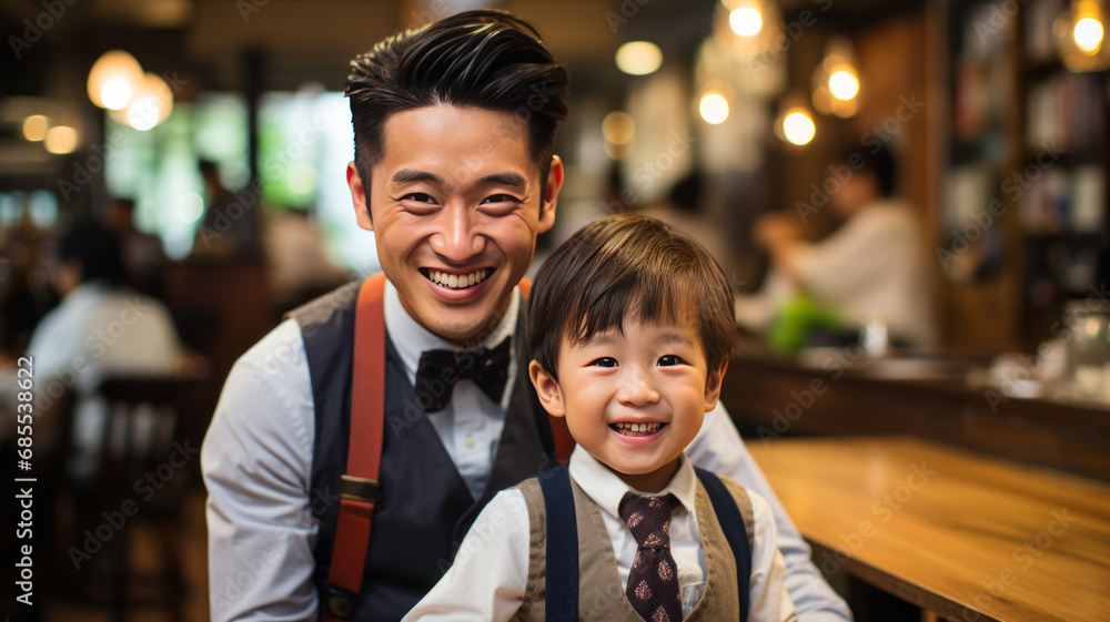 Cute asian little boy is getting haircut by hairdresser at the barbershop Cute asian little boy is getting haircut by hairdresser at the barbershop