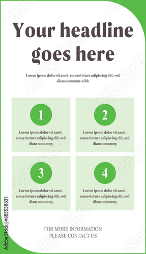 Minimal content layout page with 4 pointers green vertical graphic
