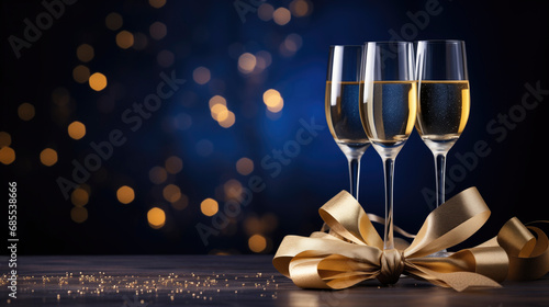 Drei Gläser Champagner mit Schleifen geschmückt zum festlichen Anstoßen, Bokeh Hintergrund mein Blau mit  goldenem Glitzer, Horizontaler Hintergrund für festliche Einladungskarten photo
