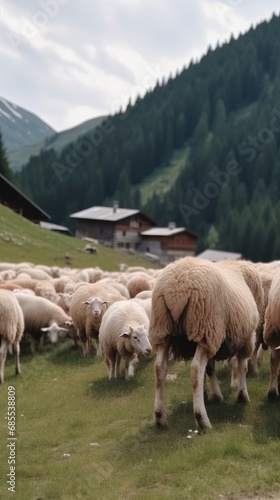 Flock of sheep Sheep grazing on the green pastures in front of the mountains, embodying pastoral serenity and picturesque rural life.