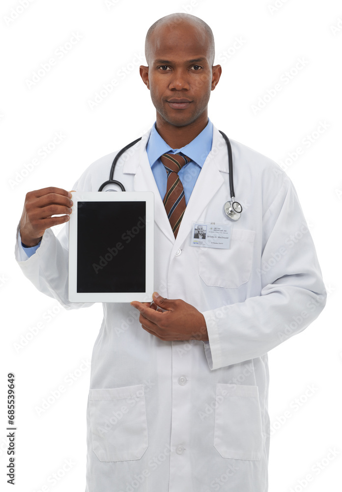 Portrait, medical and tablet screen with a doctor black man isolated on transparent background for advice. Healthcare technology with a serious medicine professional on PNG for telehealth consulting Portrait, medical and tablet screen with a doctor black man isolated on transparent background for advice. Healthcare technology with a serious medicine professional on PNG for telehealth consulting