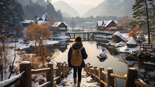 Young traveler admires snowy UNESCO village in twilight  Japan.