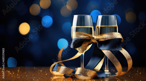 Zwei Gläser Champagner mit goldener und blauer Schleife geschmückt. Konzept für Hochzeit, Valentinstag, Geburtstag, Weihnachten, Silvester